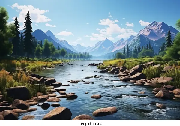 Mountains, river and trees landscape illustration