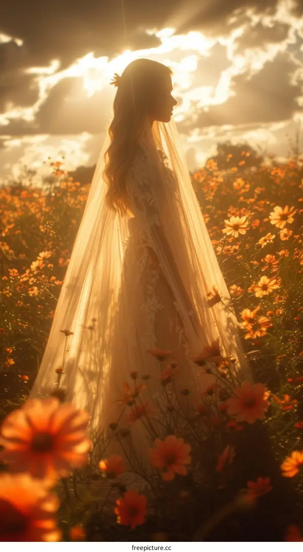 An illustration of a bride standing in a field of flowers