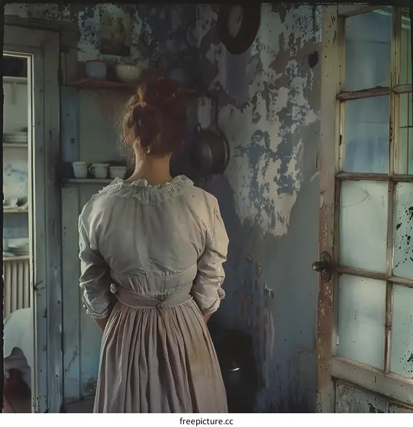 Woman standing with her back turned in an old kitchen