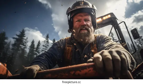 Portrait of a male logger operating heavy machinery in a forest