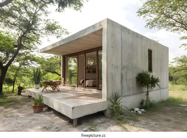 Modern Concrete House with Wooden Patio in a Lush Green Forest