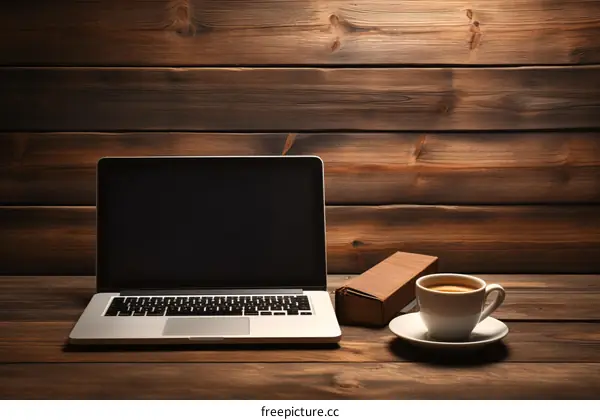 Laptop and Coffee on Wooden Desk: Work from Home