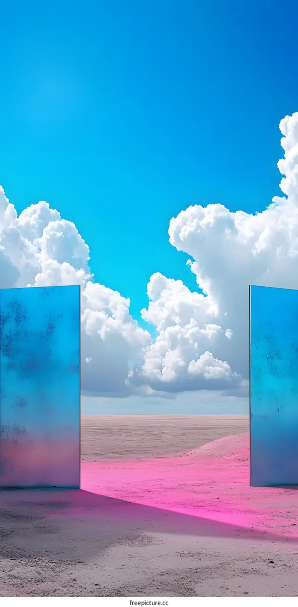Abstract Pink Desert With Blue Doors And Sky Clouds
