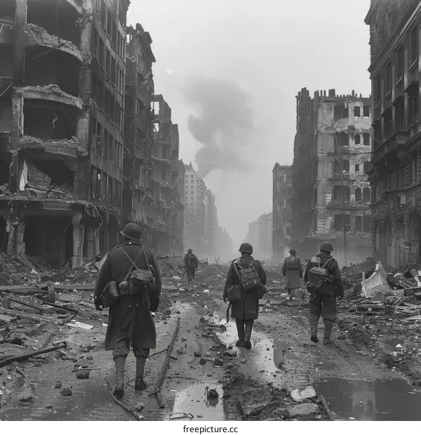 American soldiers walking through the ruins of a German city after World War II