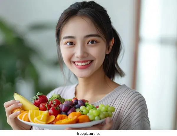 Portrait of a young Asian woman holding a plate of fruits and vegetables