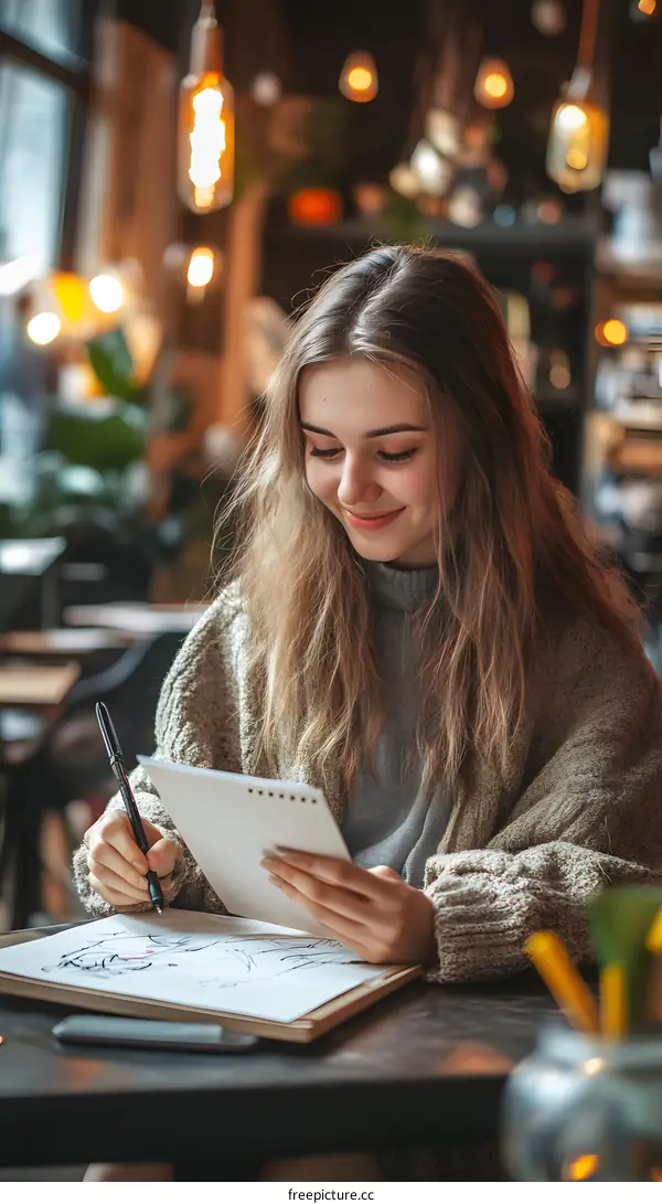 Woman Drawing at a Cafe with a Pen and Paper