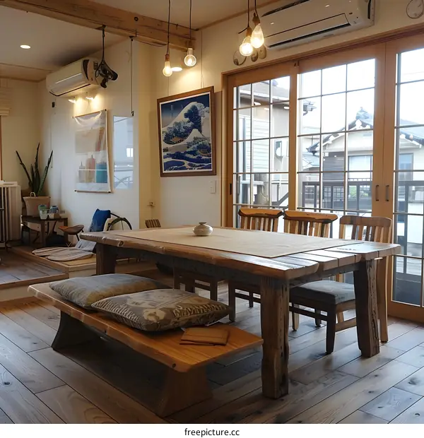 Rustic Wooden Dining Table and Bench with Japanese Art Print