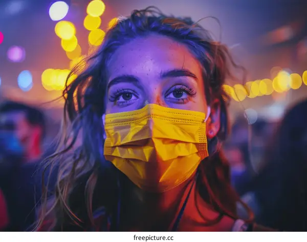 Close-up portrait of a young woman wearing a yellow mask looking at the camera