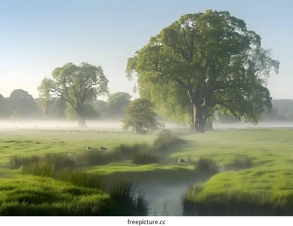 Misty Morning Meadow With Trees and Stream