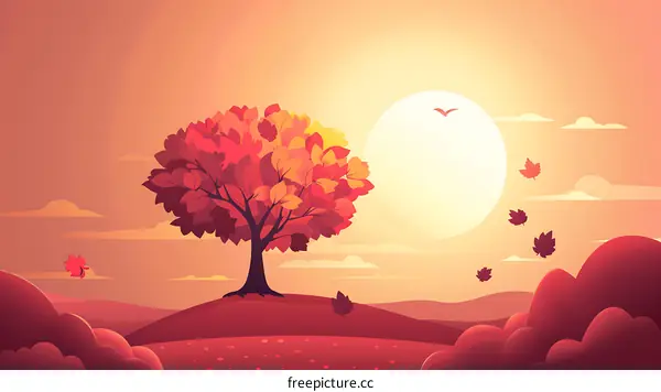Autumn Sunset with Falling Leaves and a Lone Tree