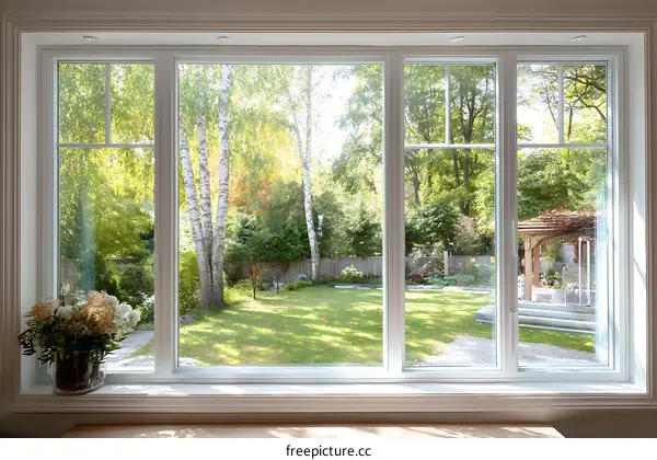 White Window Frame with Backyard View