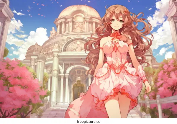 A beautiful girl with long brown hair wearing a pink dress is walking in a garden