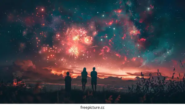 Three people watching fireworks over a city at night