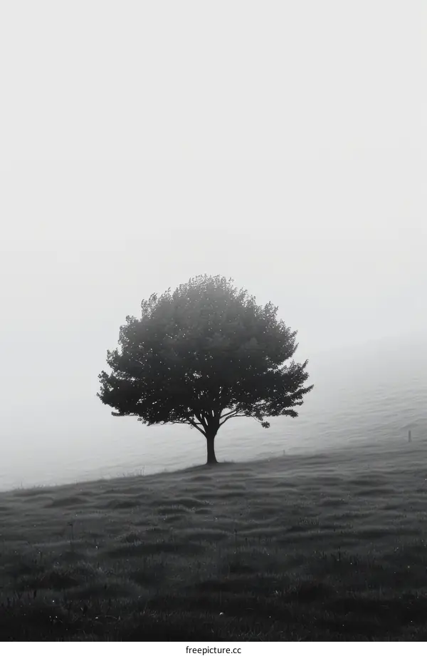 A Lone Tree in a Foggy Field
