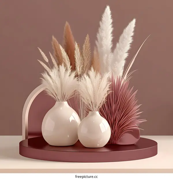 Minimalist Abstract 3D Rendering Of Pampas Grass In Vases