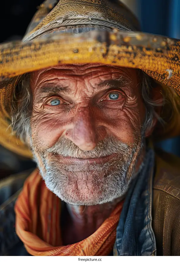 Portrait of an elderly man with striking blue eyes and a weathered face