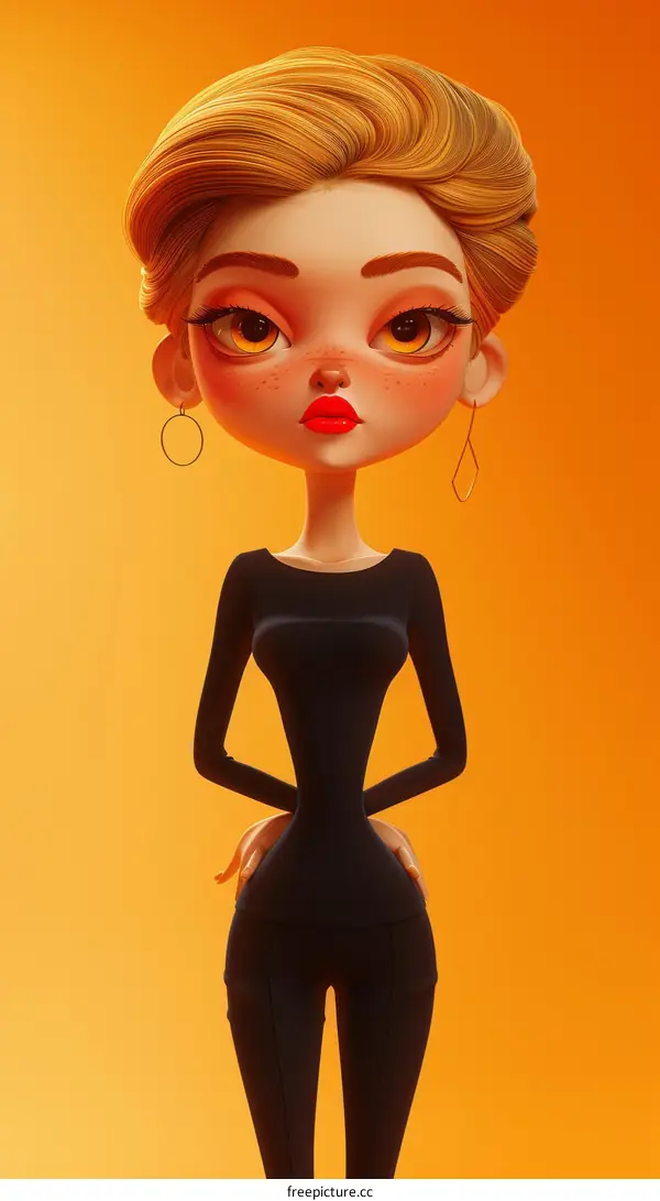 Cartoon Girl With Blonde Hair and Red Lips in Front of Orange Background