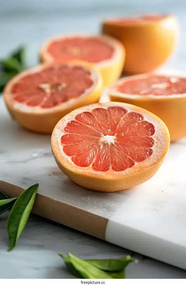 Freshly Sliced Grapefruit on Marble Cutting Board