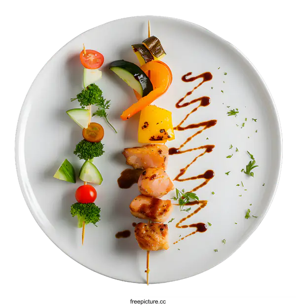 [Transparent Background PNG]Grilled Salmon Skewer with Vegetables and Sauce