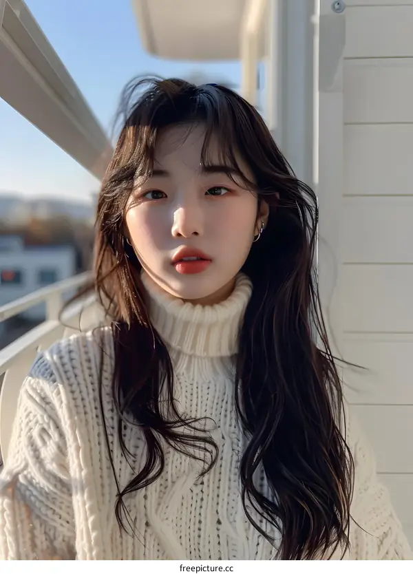 Portrait of Young Asian Woman with Long Black Hair Wearing White Sweater