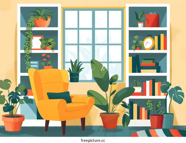 Cozy Living Room Interior with Yellow Armchair and Bookshelves