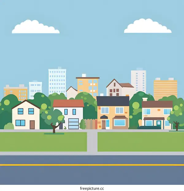 Flat Illustration of Suburban Neighborhood with Street and Houses