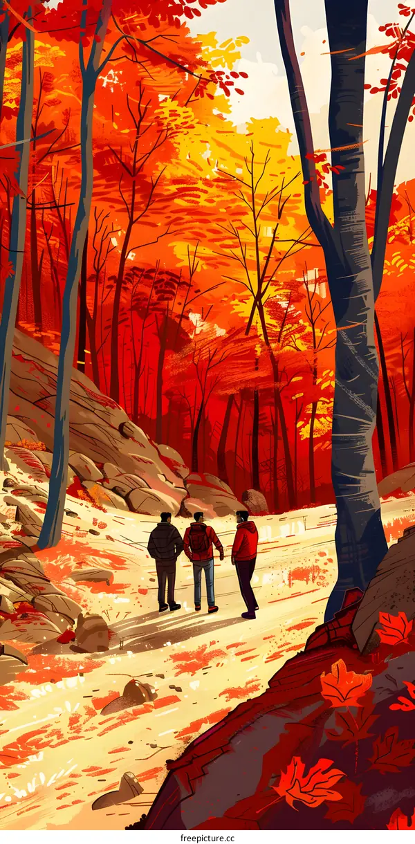 Autumn Forest Hiking Trail With Three Friends