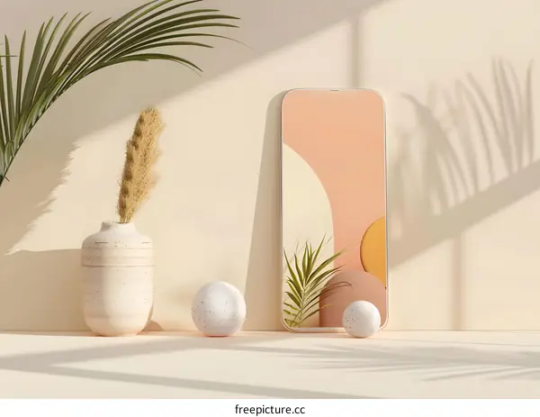 Minimalist Phone Mockup with Palm Leaf and Vase