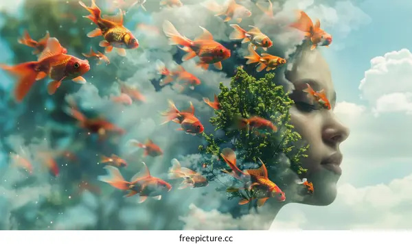 A girl's face combined with a tree and goldfish
