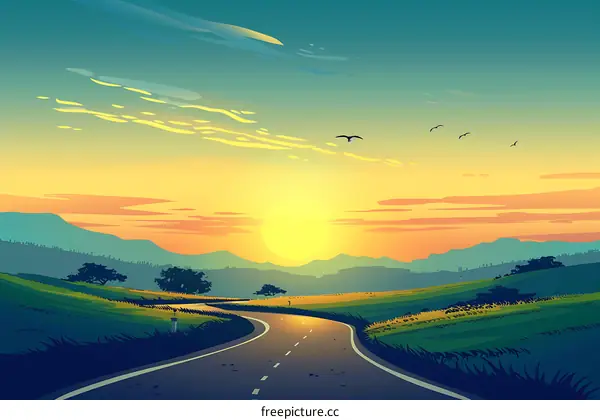 Sunset Landscape with Road Winding Through Mountains