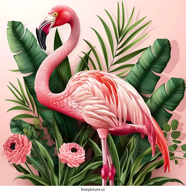 Pink Flamingo Illustration with Tropical Plants