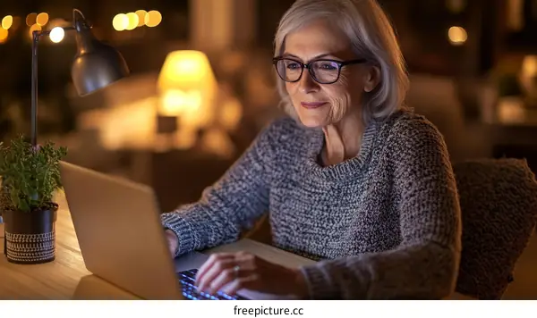 Senior Woman Working on Laptop at Night