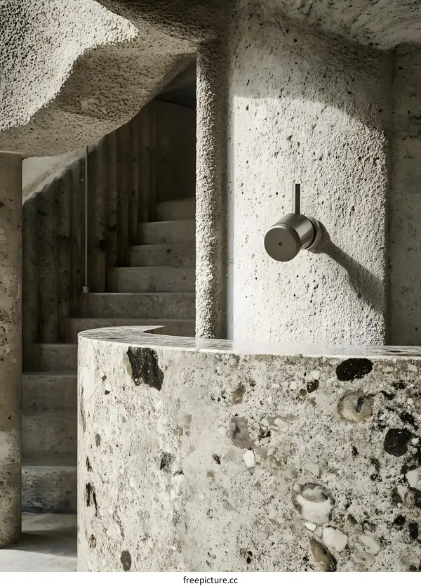 Concrete and Stone Interior Design with a Curved Counter and a Staircase