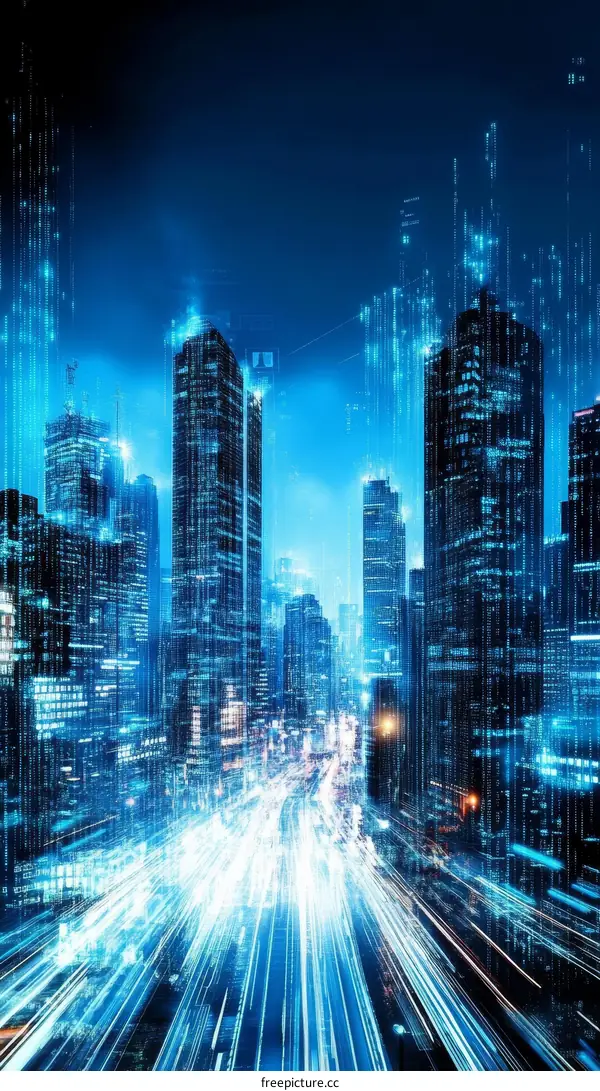 Futuristic Cityscape at Night with Digital Trails