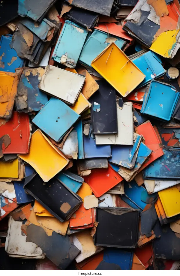 A pile of old, discarded books with torn and weathered covers