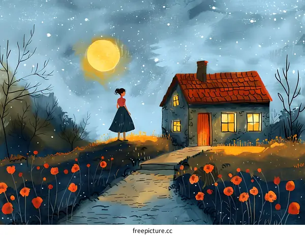 girl looking at the moon in front of a house