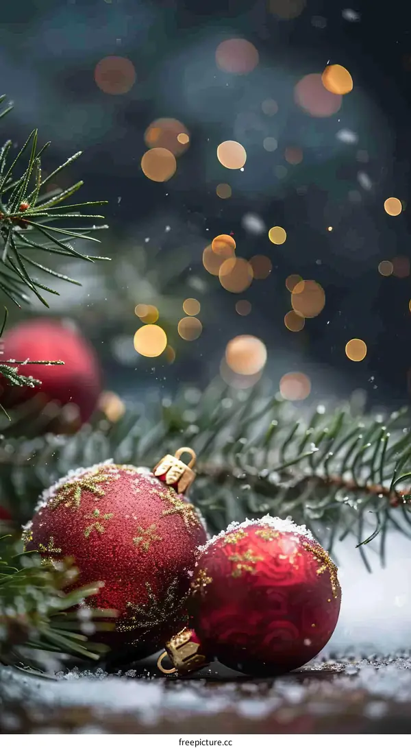 Red Christmas ornaments with fir branches