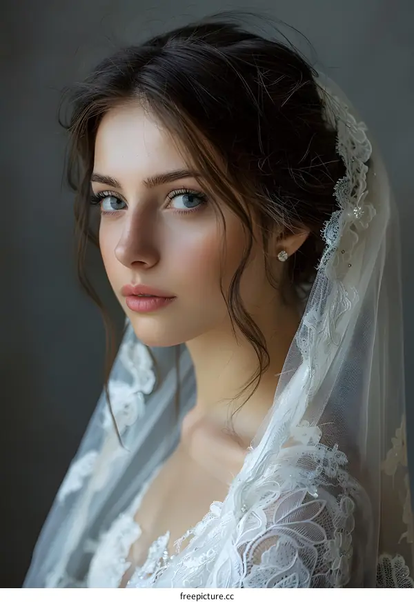 Portrait of a beautiful young bride in a white dress and veil