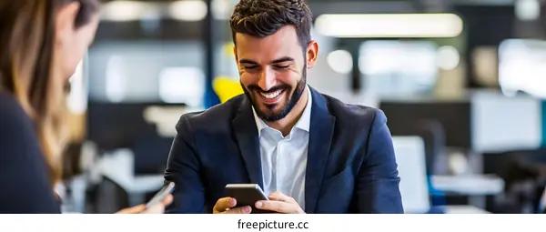 Smiling Businessman Using Smartphone in Office