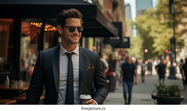 A man in a suit and sunglasses is walking down a busy street.