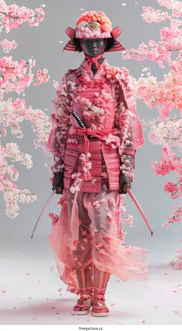 Black Woman in Pink Samurai Armor with Cherry Blossoms