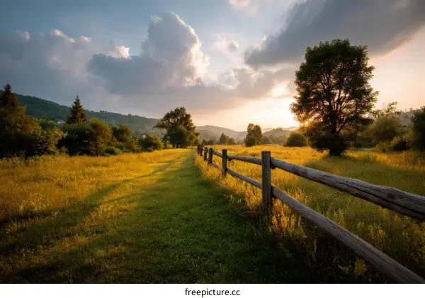 Golden Hour Meadow with Rustic Fence