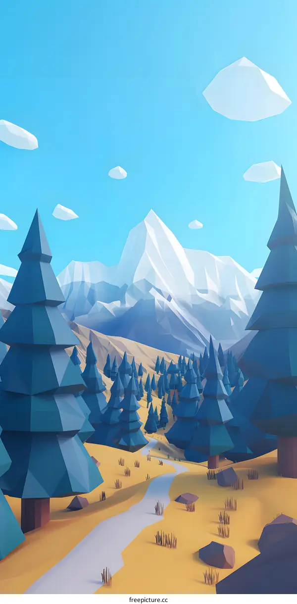 Low Poly Mountain Landscape With Forest and Stream