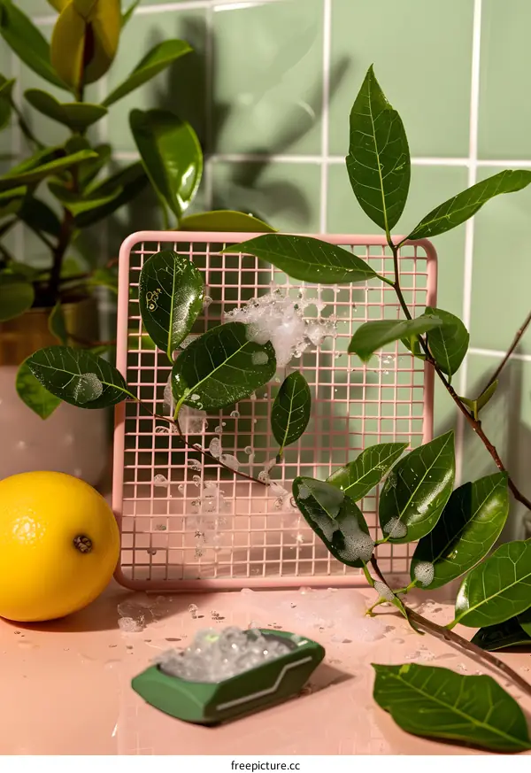 Green Leaves with Pink Wire Mesh and Lemon on Pink Surface