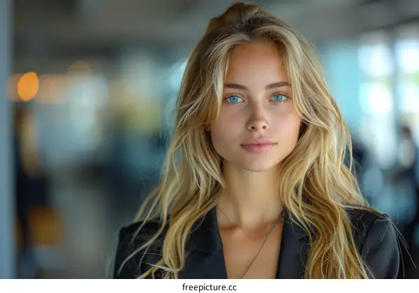 Portrait of a beautiful young blonde woman with blue eyes in a black suit