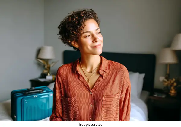 Woman in a hotel room with luggage
