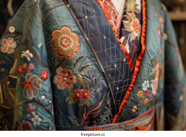 A close-up of a blue quilted kimono with floral embroidery.