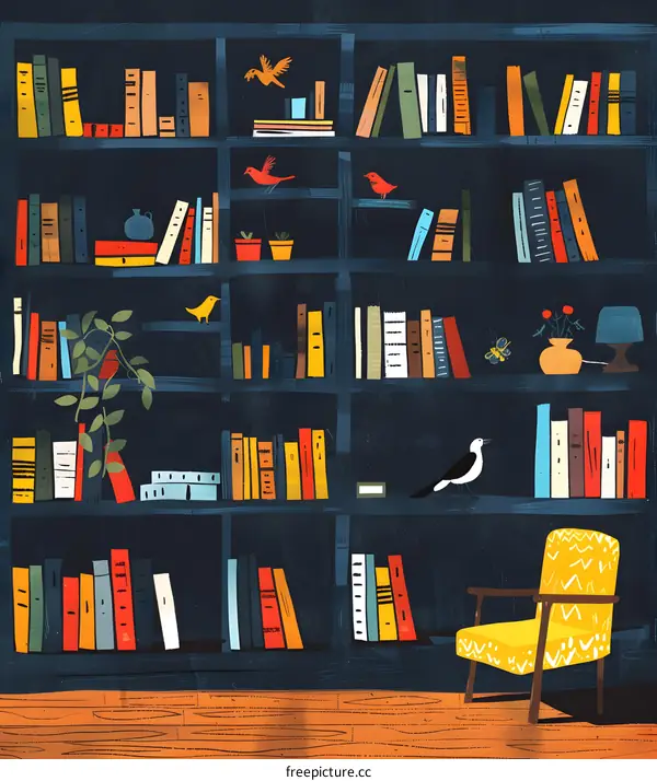 Illustrated Bookshelf with Birds and a Yellow Chair