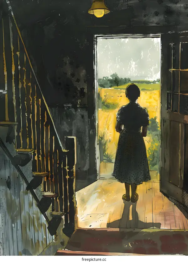 A woman standing in a doorway looking out at a field