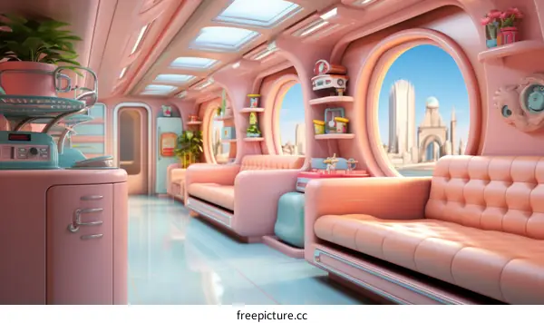 Retro Futuristic Space Station Interior in Pink, Blue, White